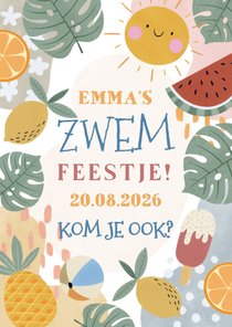 Kinder- zwemfeestje uitnodiging tropisch met fruit