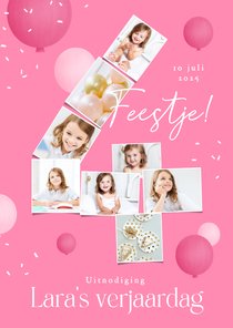 Kinderfeestje 4 jaar fotocollage confetti ballonnen roze