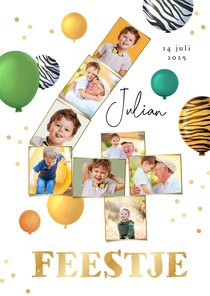 Kinderfeestje fotocollage 4 jaar confetti ballonnen jungle