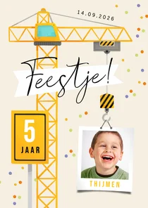 Kinderfeestje hijskraan uitnodiging bouw voertuigen feestje