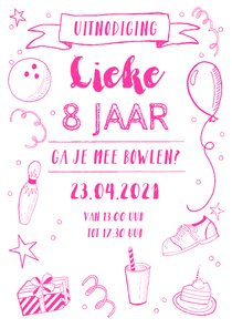 Kinderfeestje uitnodiging bowlen roze 