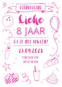 Kinderfeestje uitnodiging bowlen roze 