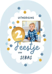 Kinderfeestje uitnodiging confetti 2 jaar foto goud blauw