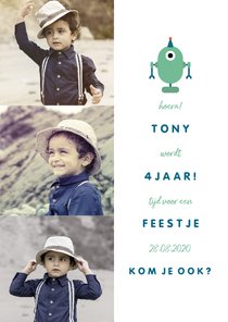 Kinderfeestje uitnodiging met 3 foto's en een robot