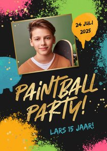 Kinderfeestje uitnodiging paintball stoer verf foto goud