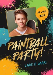 Kinderfeestje uitnodiging paintball stoer verf foto goud