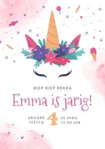 Kinderfeestje uitnodiging unicorn eenhoorn waterverf snoep