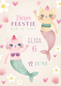 Kinderfeestje uitnodiging zwemfeestje katten zeemeerminnen