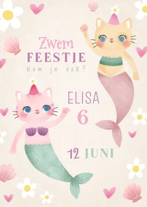 Kinderfeestje uitnodiging zwemfeestje katten zeemeerminnen