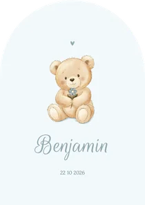 Klassiek boogvormig geboortekaartje teddybeer met bloemetje