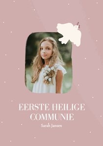 Klassiek communiekaartje met vredesduifje in roze