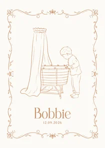 Klassiek geboortekaartje wieg en grote broer beige