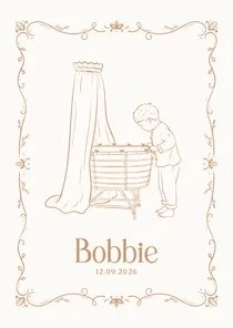 Klassiek geboortekaartje wieg en grote broer beige