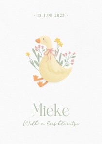 Klassiek wit geboortekaartje meisje met gansje en bloemen