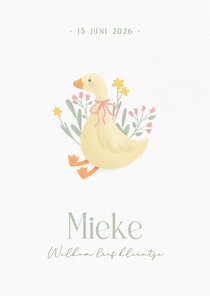 Klassiek wit geboortekaartje meisje met gansje en bloemen