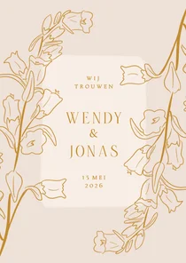 Klassieke beige trouwkaart met lijnillustratie van bloemen