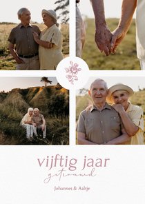 Klassieke jubileum uitnodiging met vintage roosje en foto's