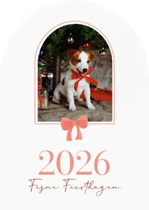 Klassieke kerstkaart boogvorm met foto en rode strik