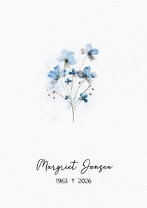 Klassieke subtiele rouwkaart met blauwe bloem