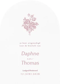 Klassieke trouwkaart met vintage roze boeket in boogvorm