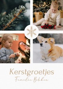 Klassieke witte kerstkaart met fotocollage en sneeuwvlok
