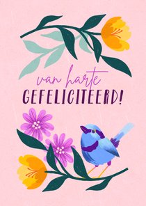 Kleurrijke felicitatiekaart bloemen en vogel