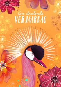 Kleurrijke verjaardagkaart met kroonkraanvogel