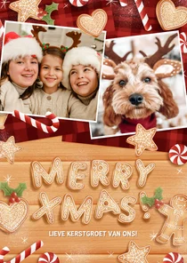 Knusse kerstkaart met kerstkoekjes zuurstok en merry xmas