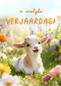 Lente verjaardagskaartje klein geitje en vrolijke bloemen