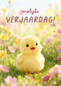 Lente verjaardagskaartje met eendje en vrolijke bloemen