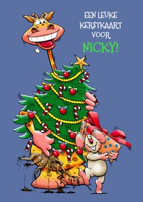 Leuke kerstkaart met giraf en muis met kerstboom en pakje