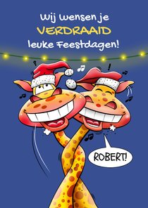 Leuke kerstkaart met giraffen met verdraaide nekken