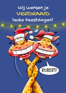 Leuke kerstkaart met giraffen met verdraaide nekken