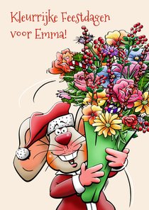 Leuke kerstkaart met muis en bos bloemen,