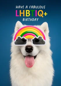 Leuke LGBTQI verjaardagskaart witte hond met regenboogbril