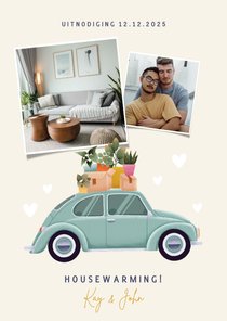 Leuke uitnodiging housewarming verhuisauto foto's & plantjes