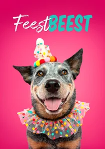 Leuke verjaardagskaart hond in feestkleding feestbeest