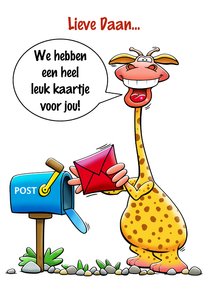 Leuke verjaardagskaart met giraf met kaartje en postbus