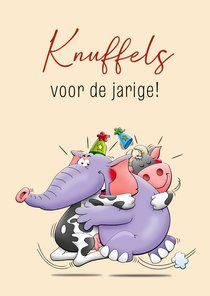 Leuke verjaardagskaart olifant en koe felicitatie metknuffel
