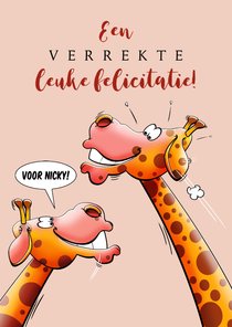 Leuke verjaardagskaart voor een vrouw met grappige giraffen