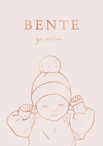 Lief geboortekaartje baby met mutsje – koperfolie