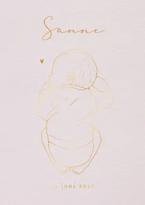 Lief geboortekaartje baby slapend op de buik - goudfolie