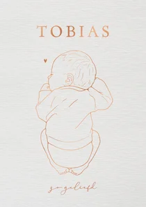 Lief geboortekaartje baby slapend op de buik - koperfolie