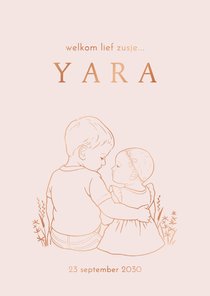 Lief geboortekaartje broer met arm om zusje – koperfolie