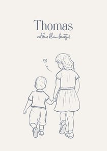 Lief geboortekaartje broertje met lijn illustratie wit blauw