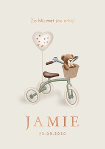 Lief geboortekaartje driewieler met teddybeer – koperfolie