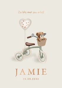 Lief geboortekaartje driewieler met teddybeer – koperfolie