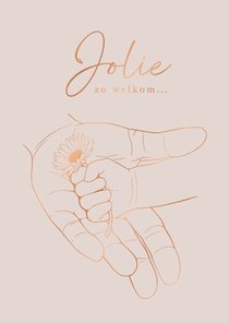 Lief geboortekaartje handen met bloem – koperfolie