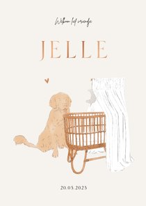 Lief geboortekaartje hond en wiegje neutraal illustratie