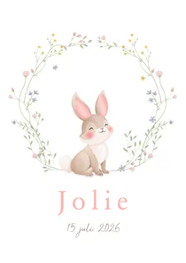 Lief geboortekaartje illustratie konijntje met bloemenkrans